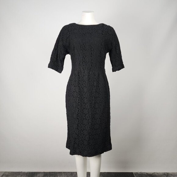 Vintage Wendy Lane Black Lace Long Sleeve Sheath Dress Size M - Picture 1 of 12